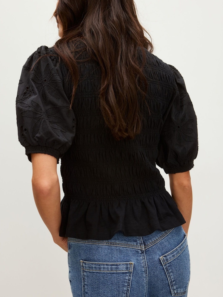 Oliver Bonas Black Shirred Broderie Short Sleeve Top - Image 2 of 8