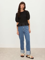 Oliver Bonas Black Shirred Broderie Short Sleeve Top - Image 3 of 8