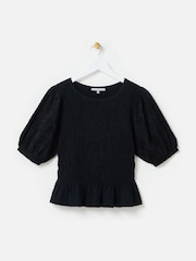Oliver Bonas Black Shirred Broderie Short Sleeve Top - Image 4 of 8