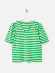 Oliver Bonas Green Striped V-Neck 100% Cotton T-Shirt - Image 1 of 5
