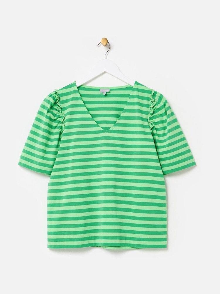 Oliver Bonas Green Striped V-Neck 100% Cotton T-Shirt - Image 1 of 5