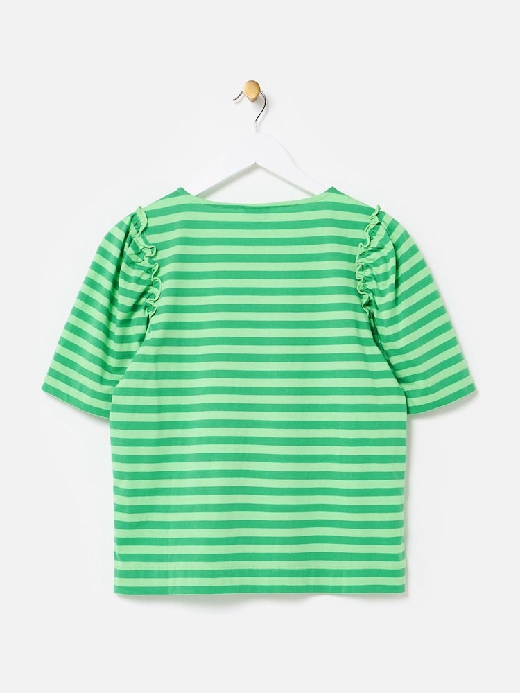 Oliver Bonas Green Striped V-Neck 100% Cotton T-Shirt - Image 2 of 5