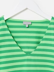 Oliver Bonas Green Striped V-Neck 100% Cotton T-Shirt - Image 3 of 5