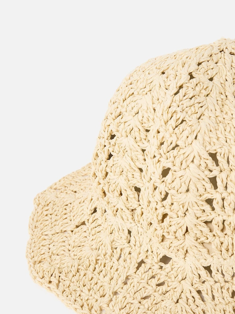 Oliver Bonas Cream Crochet Scalloped Edge Straw Bucket Hat - Image 3 of 3