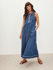 Oliver Bonas Blue Denim Scallop Stitch Sleeveless Midi Dress - Image 1 of 5