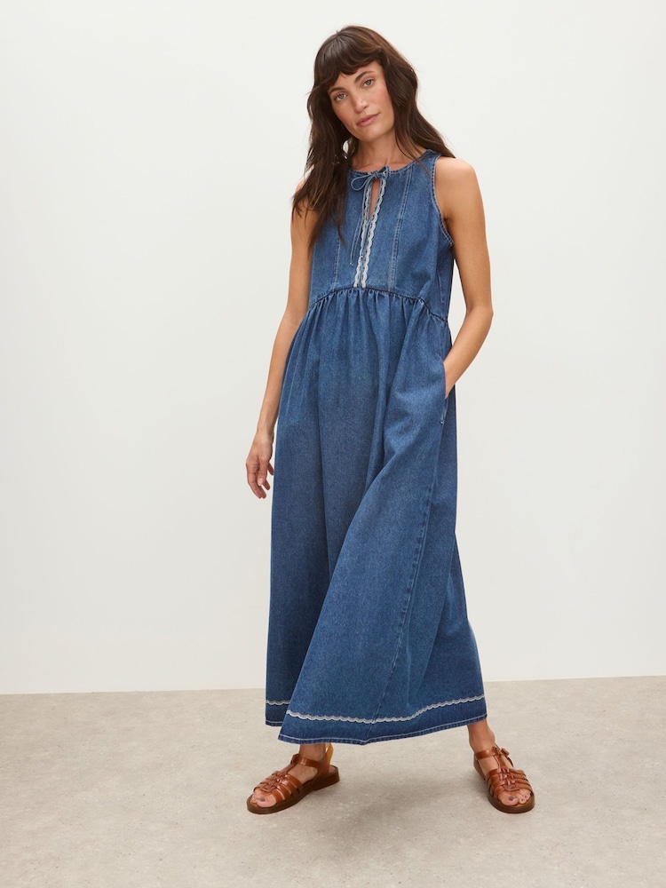 Oliver Bonas Blue Denim Scallop Stitch Sleeveless Midi Dress - Image 1 of 5