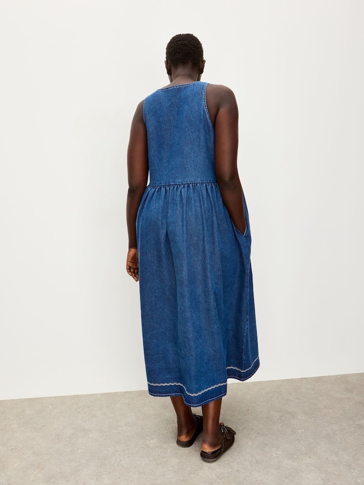 Oliver Bonas Blue Denim Scallop Stitch Sleeveless Midi Dress - Image 2 of 5