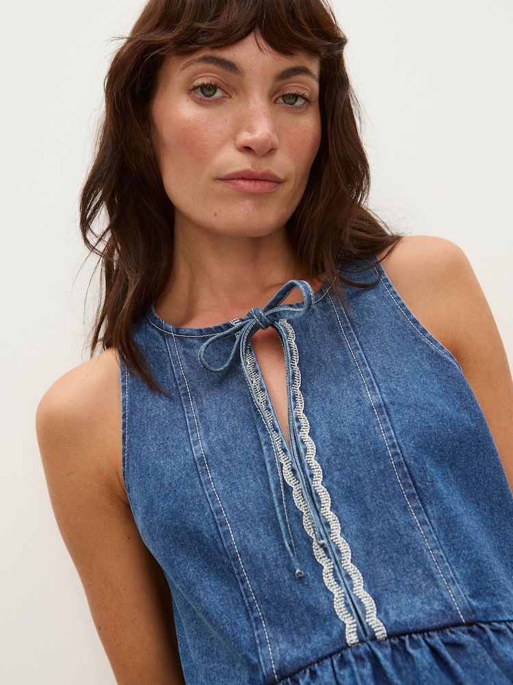 Oliver Bonas Blue Denim Scallop Stitch Sleeveless Midi Dress - Image 3 of 8