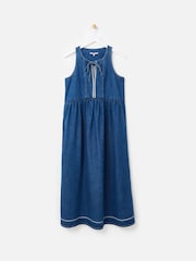 Oliver Bonas Blue Denim Scallop Stitch Sleeveless Midi Dress - Image 4 of 5