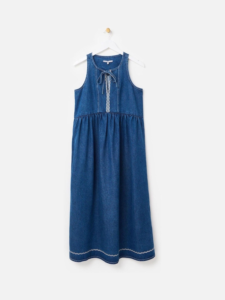 Oliver Bonas Blue Denim Scallop Stitch Sleeveless Midi Dress - Image 4 of 8