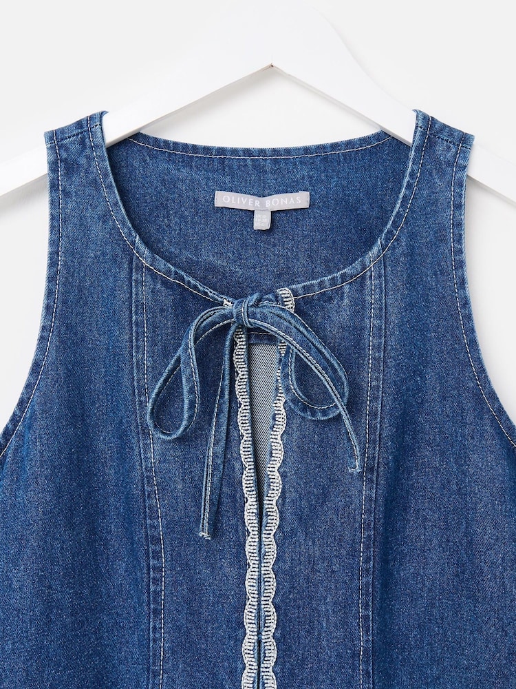 Oliver Bonas Blue Denim Scallop Stitch Sleeveless Midi Dress - Image 6 of 8