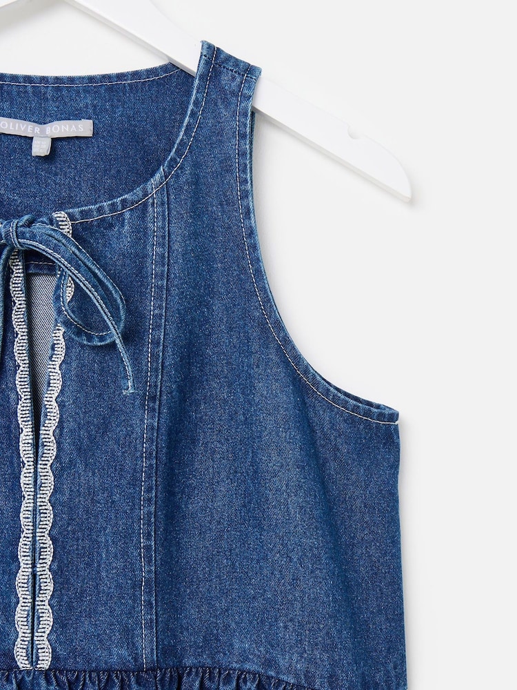 Oliver Bonas Blue Denim Scallop Stitch Sleeveless Midi Dress - Image 7 of 8
