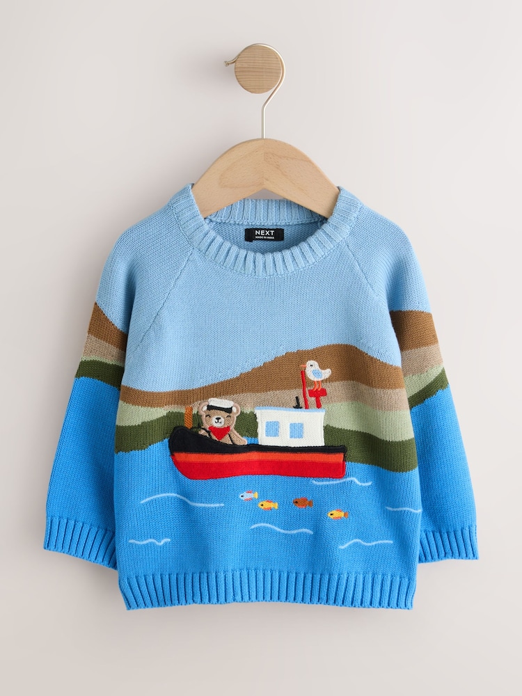 Blue Boat Knitted Crew Neck Jumper (3mths-7yrs) - Image 1 of 4