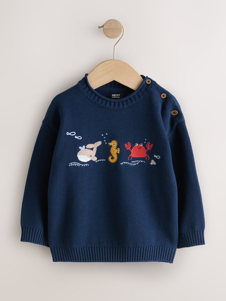 Navy Blue Sealife - Character Knitted Crew Neck Jumper (3mths-7yrs) - صورة 1 من 6 Navy Blue Sealife - Character Knitted Crew Neck Jumper (3mths-7yrs) - صورة 1 من 6
