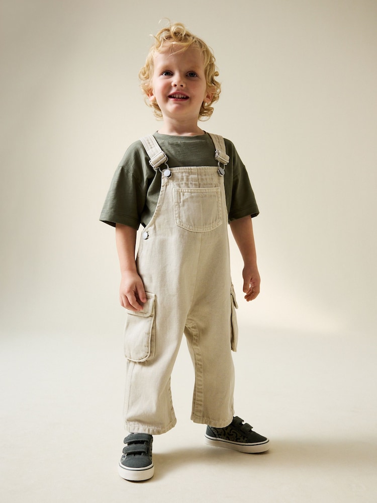 Ecru Twill Woven Cotton Cargo Dungarees (3mths-7yrs) - Image 1 of 7