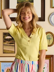 Tabitha Lemon Yellow Ribbed V Neck Top With Puff Sleeves - Image 1 of 10