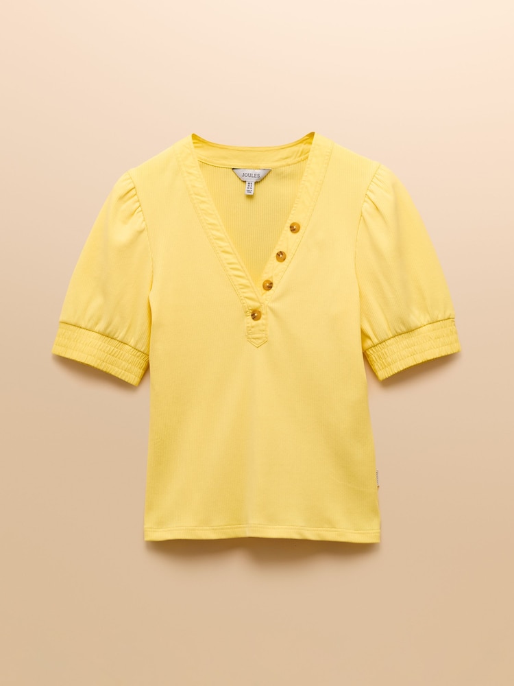 Tabitha Lemon Yellow Ribbed V Neck Top With Puff Sleeves - Image 10 of 10
