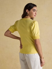 Tabitha Lemon Yellow Ribbed V Neck Top With Puff Sleeves - Image 5 of 10
