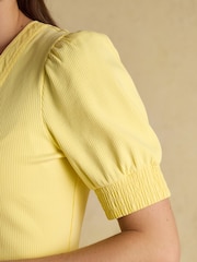 Tabitha Lemon Yellow Ribbed V Neck Top With Puff Sleeves - Image 8 of 10