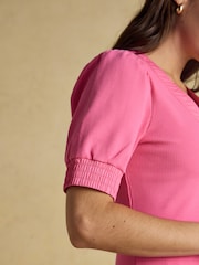 Tabitha Pink Ribbed V Neck Top With Puff Sleeves - Image 6 of 8