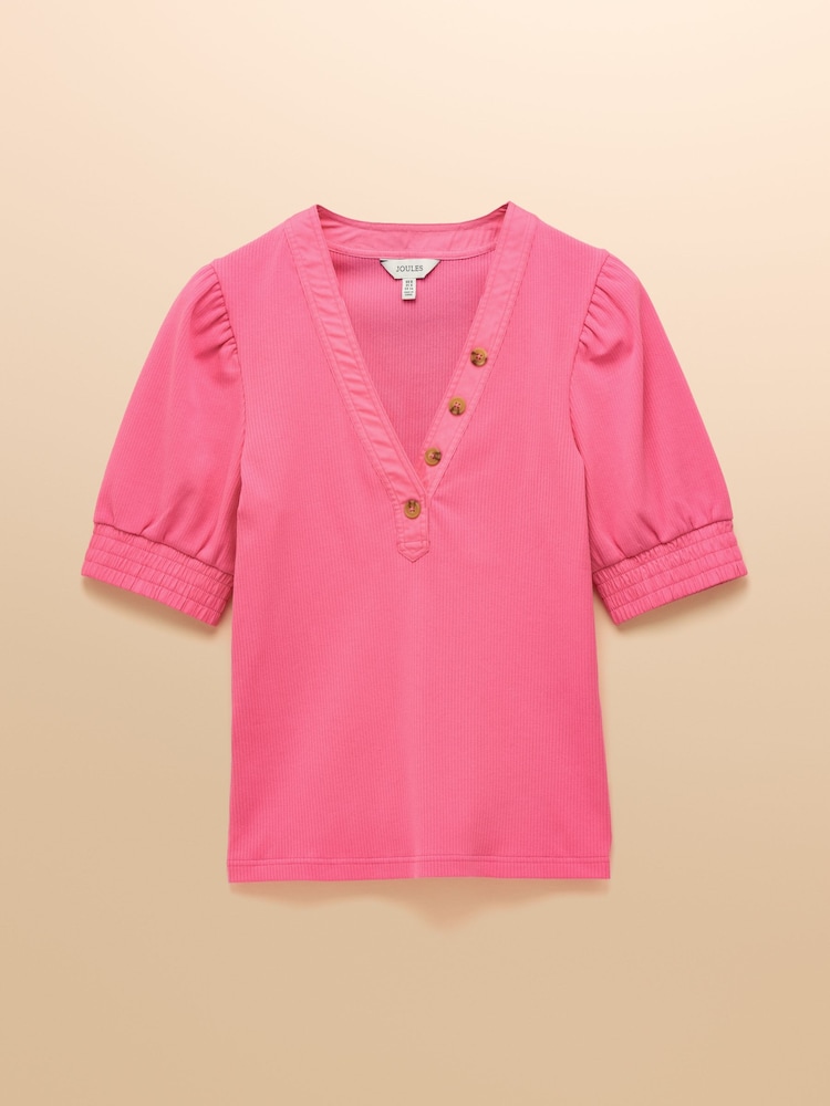 Tabitha Pink Ribbed V Neck Top With Puff Sleeves - Image 8 of 8