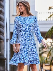 Sosandar Blue Ditsy Floral Print Ruffle Hem Shift Dress - Image 2 of 5