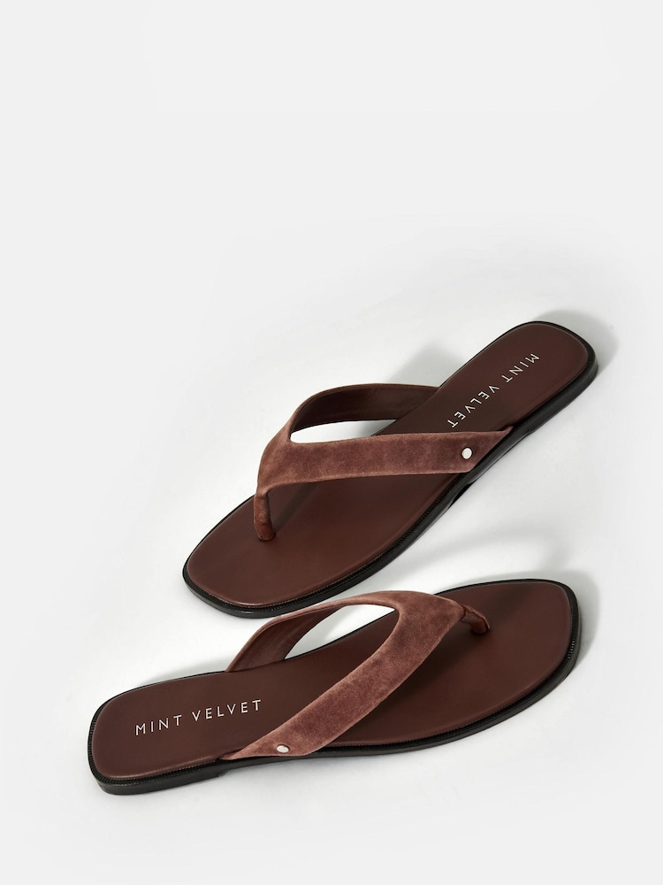 Mint Velvet Chocolate Brown Lula Suede Flip Flops - Image 2 of 4
