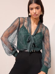 Friends Like These Teal Lace Blouse with Tie Neck Detail - Image 1 of 4