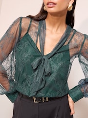 Friends Like These Teal Lace Blouse with Tie Neck Detail - Image 2 of 4