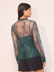Friends Like These Teal Lace Blouse with Tie Neck Detail - Image 4 of 4