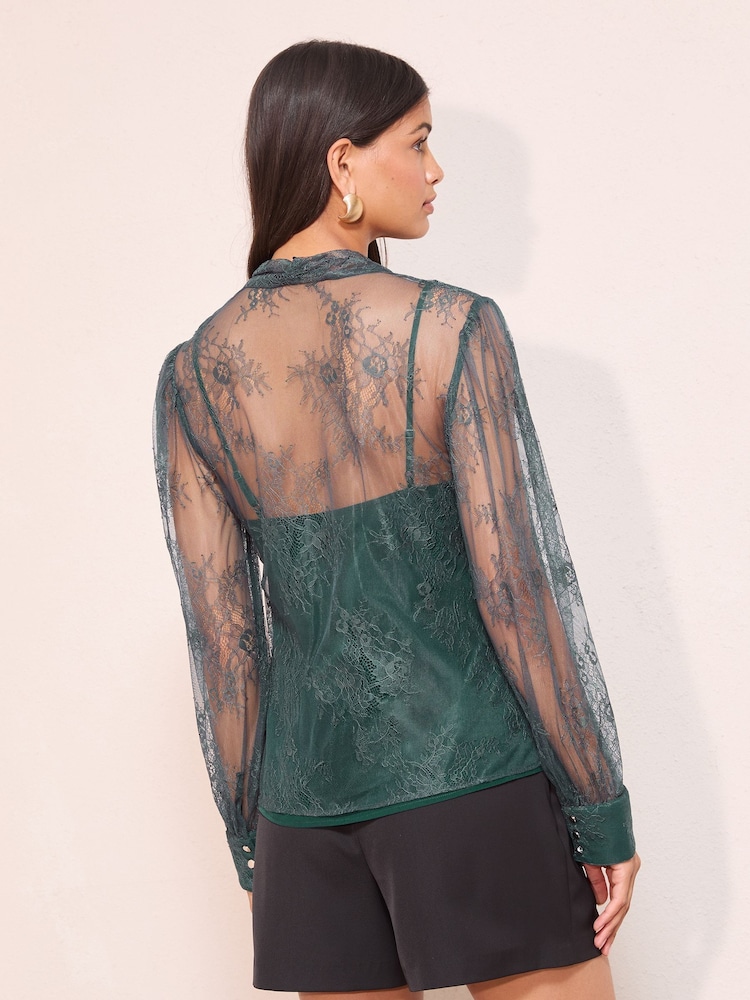 Friends Like These Teal Lace Blouse with Tie Neck Detail - Image 4 of 4