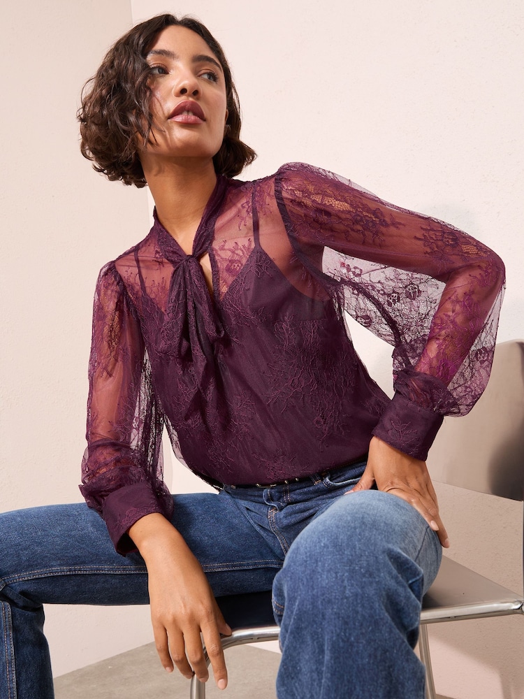 Friends Like These Purple Lace Blouse with Tie Neck Detail - Image 1 of 5 Friends Like These Purple Lace Blouse with Tie Neck Detail - Image 1 of 5