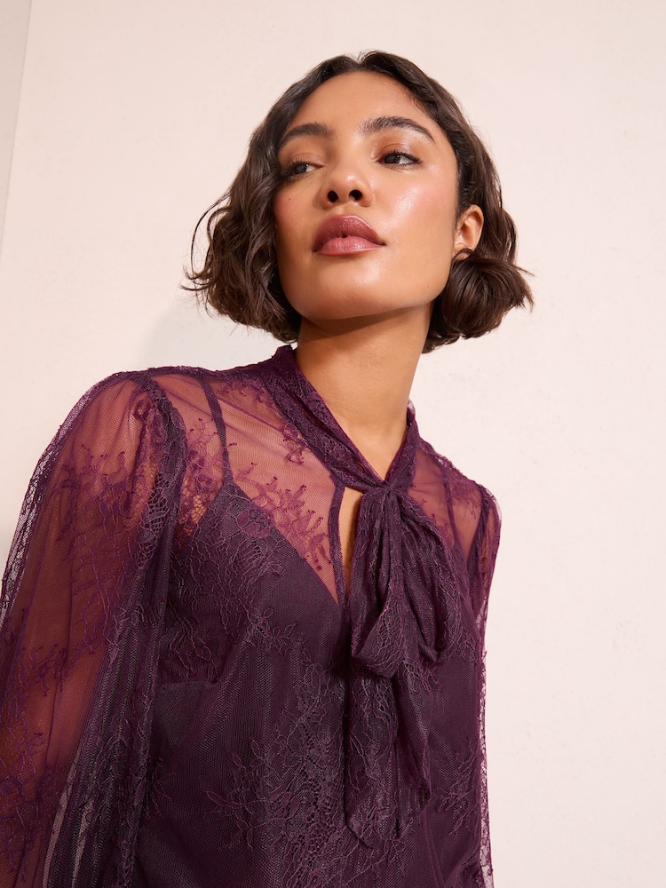 Friends Like These Purple Lace Blouse with Tie Neck Detail - Image 2 of 5 Friends Like These Purple Lace Blouse with Tie Neck Detail - Image 2 of 5