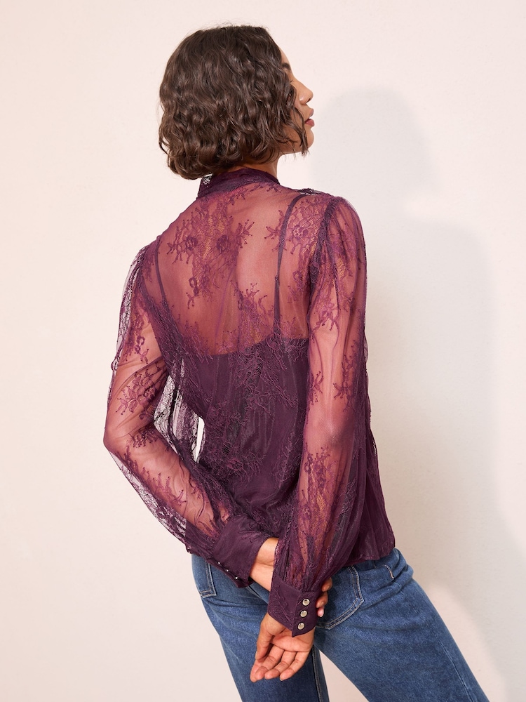 Friends Like These Purple Lace Blouse with Tie Neck Detail - Image 5 of 5 Friends Like These Purple Lace Blouse with Tie Neck Detail - Image 5 of 5
