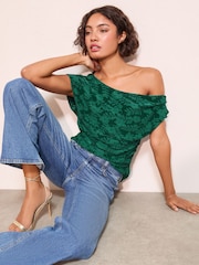 Friends Like These X Lucy Mecklenburgh Teal Burnout Draped Off The Shoulder Top - Image 1 of 4