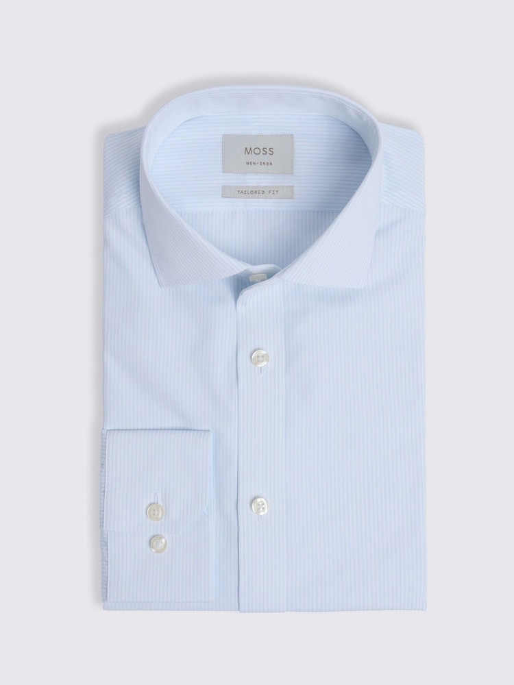 MOSS Sky Blue and White Tailored Fit Poplin Stripe Non-Iron Shirt - Image 3 of 3