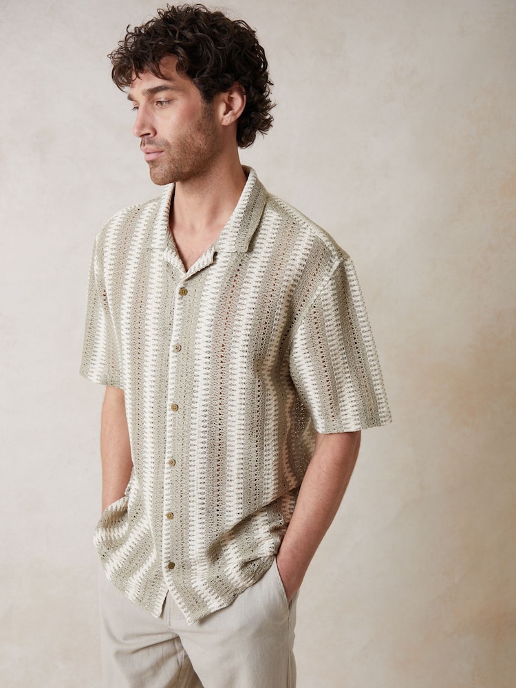 Threadbare Brown Relaxed Fit Crochet Short Sleeve Shirt - Image 1 of 1