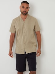 Threadbare Natural Pleat Detail Linen Blend Short Sleeve Shirt - Image 1 of 4
