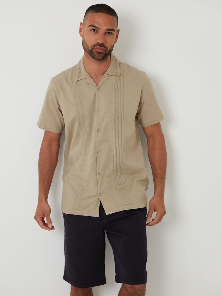 Threadbare Natural Pleat Detail Linen Blend Short Sleeve Shirt - Image 1 of 4