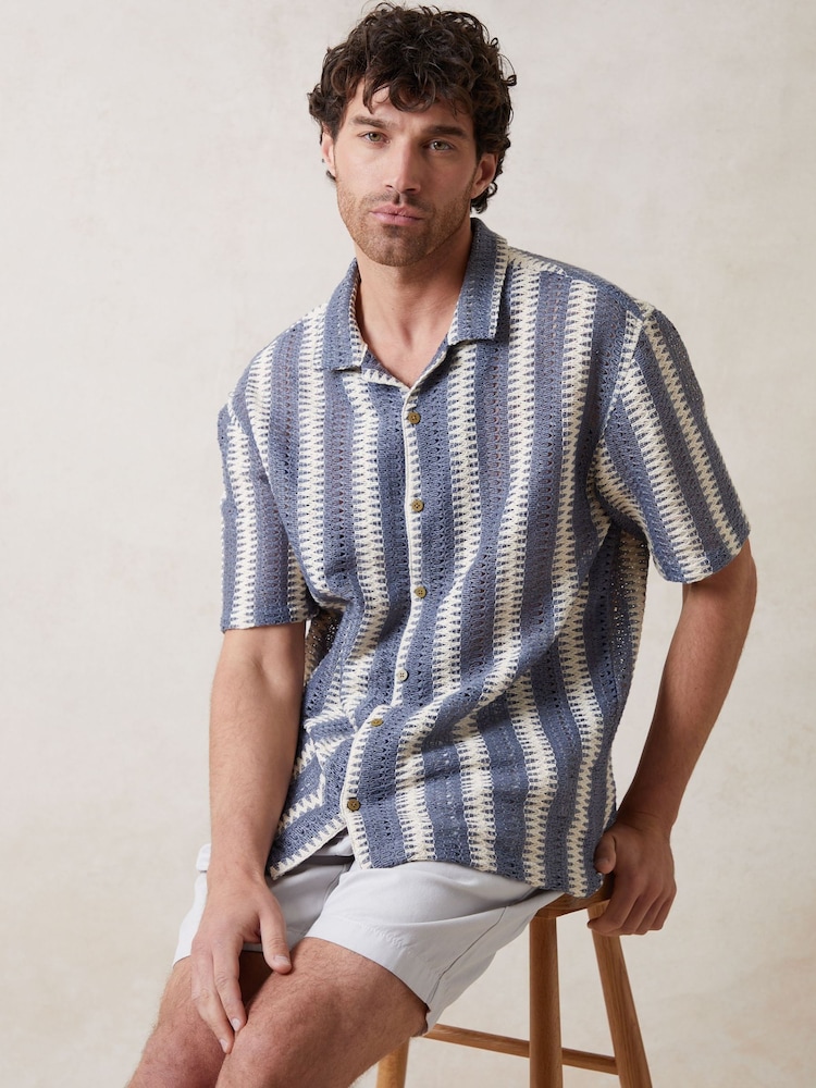 Threadbare Blue Relaxed Fit Crochet Short Sleeve Shirt - Image 1 of 4 Threadbare Blue Relaxed Fit Crochet Short Sleeve Shirt - Image 1 of 4