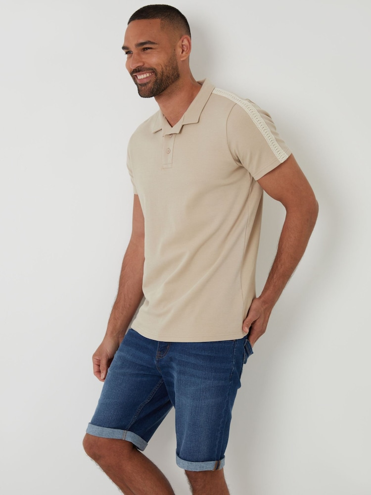 Threadbare Natural Crochet Detail Revere Collar 100% Cotton Polo Shirt - Image 1 of 5