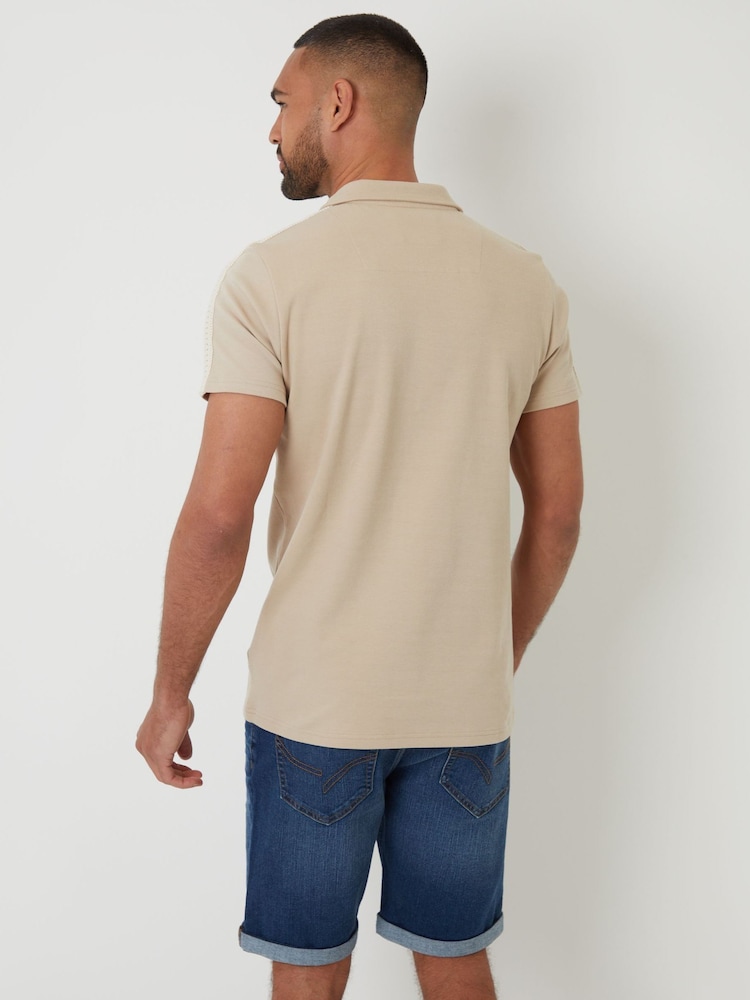 Threadbare Natural Crochet Detail Revere Collar 100% Cotton Polo Shirt - Image 2 of 5
