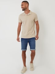 Threadbare Natural Crochet Detail Revere Collar 100% Cotton Polo Shirt - Image 3 of 5