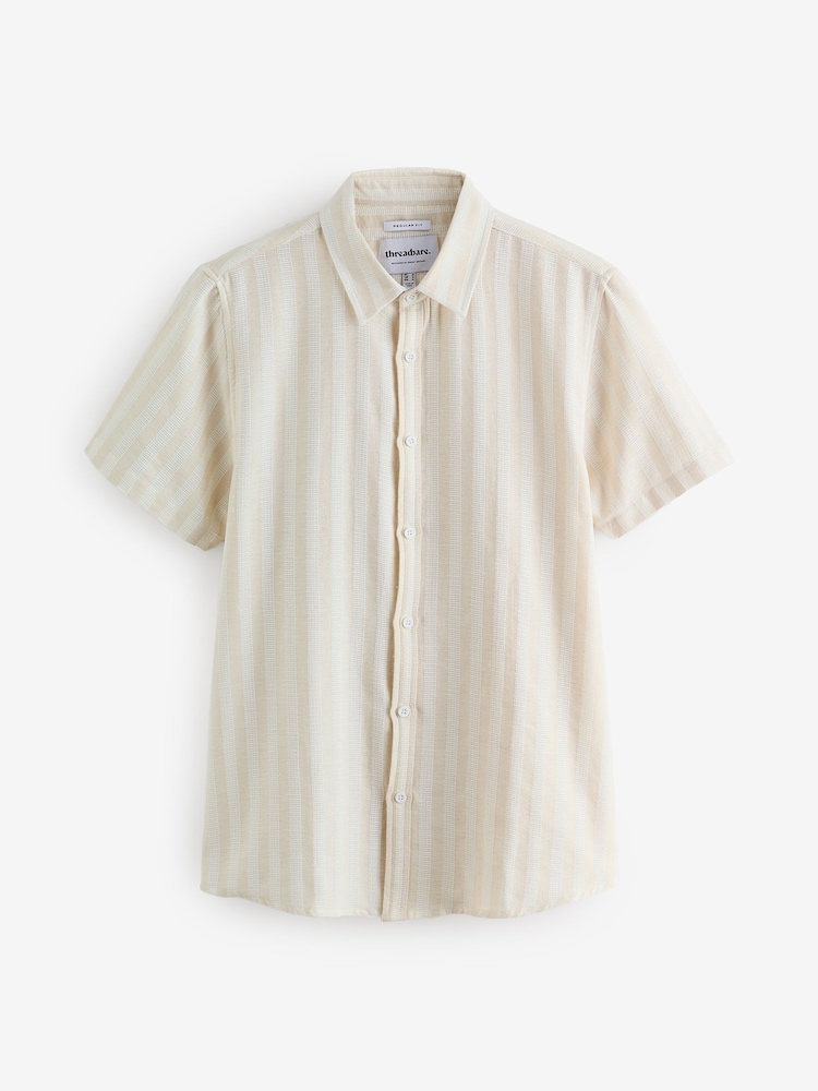 Threadbare Cream Textured Stripe Short Sleeve 100% Cotton Shirt - Image 1 of 1