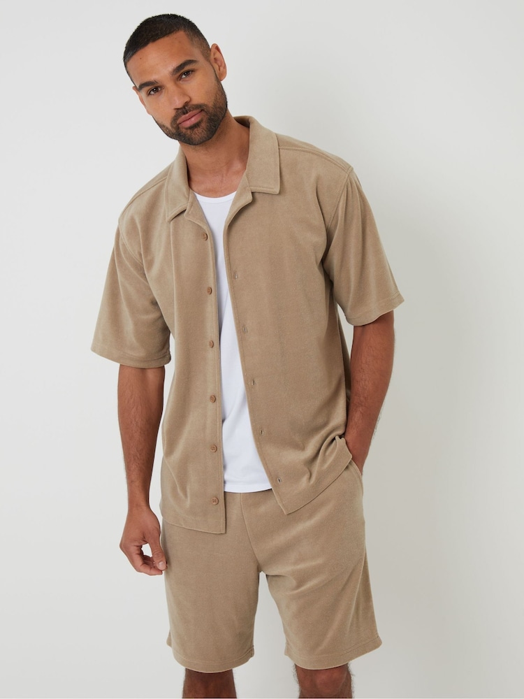 Threadbare Natural Towelling Cuban Collar Short Sleeve Shirt - Image 1 of 5 Threadbare Natural Towelling Cuban Collar Short Sleeve Shirt - Image 1 of 5