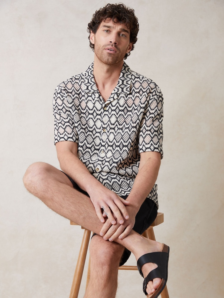 Threadbare Charcoal Black Crochet Patterned Textured Short Sleeve Shirt - Image 1 of 1
