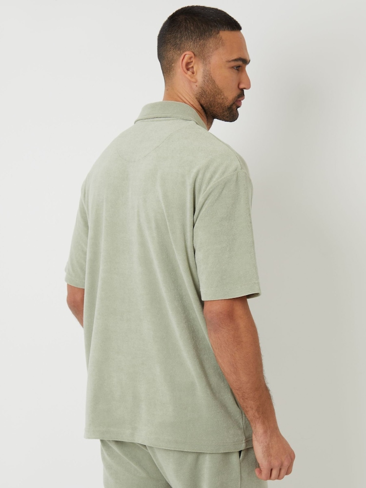 Threadbare Green Towelling Revere Collar Polo Shirt - Image 2 of 4