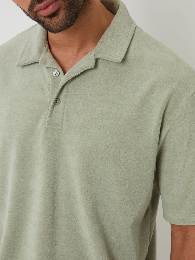 Threadbare Green Towelling Revere Collar Polo Shirt - Image 4 of 4