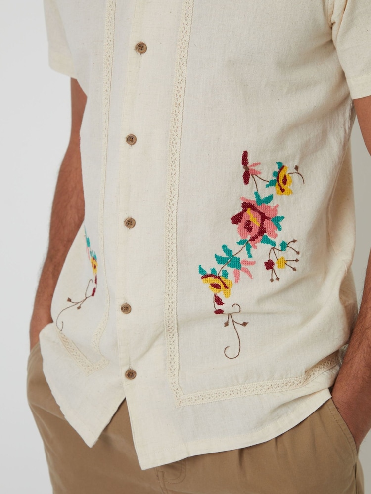 Threadbare Natural Linen Blend Embroidered Floral Detail Shirt - Image 4 of 4 Threadbare Natural Linen Blend Embroidered Floral Detail Shirt - Image 4 of 4