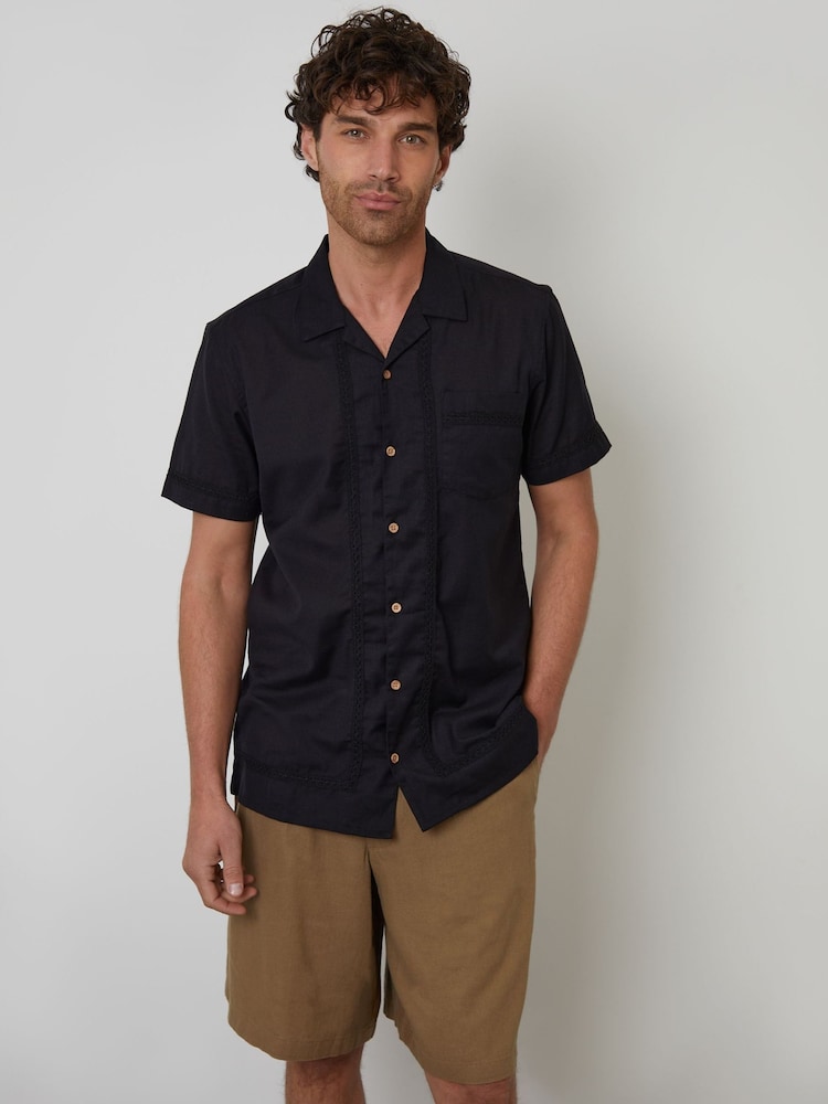 Threadbare Black Linen Blend Crochet Lace Short Sleeve Shirt - Image 1 of 4